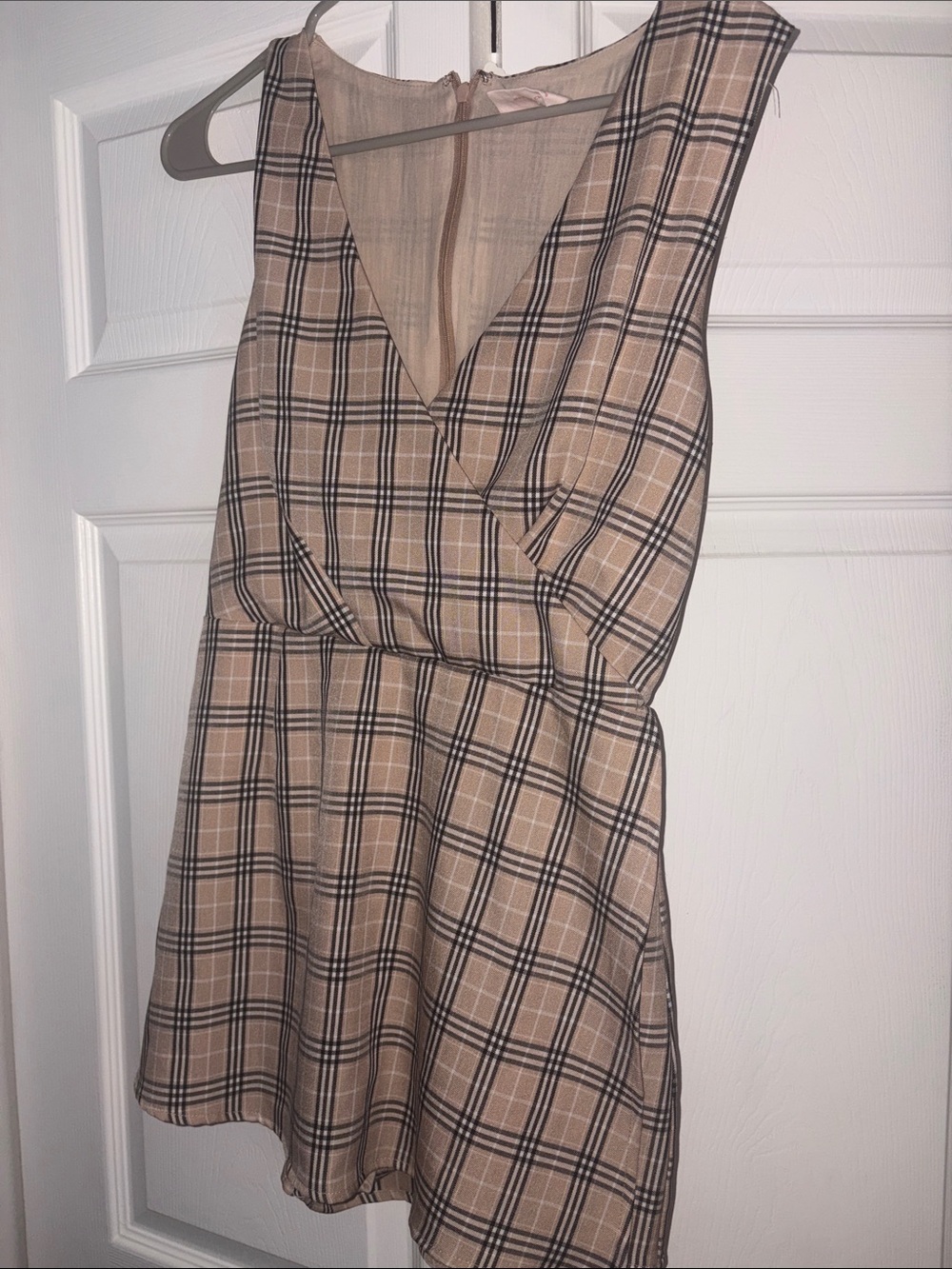 Showpo Beige Plaid V-Neck Mini Dress